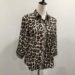 GRETCHEN SCOTT Beige Black Leopard Animal Print 3/4 Sleeve Button Shirt